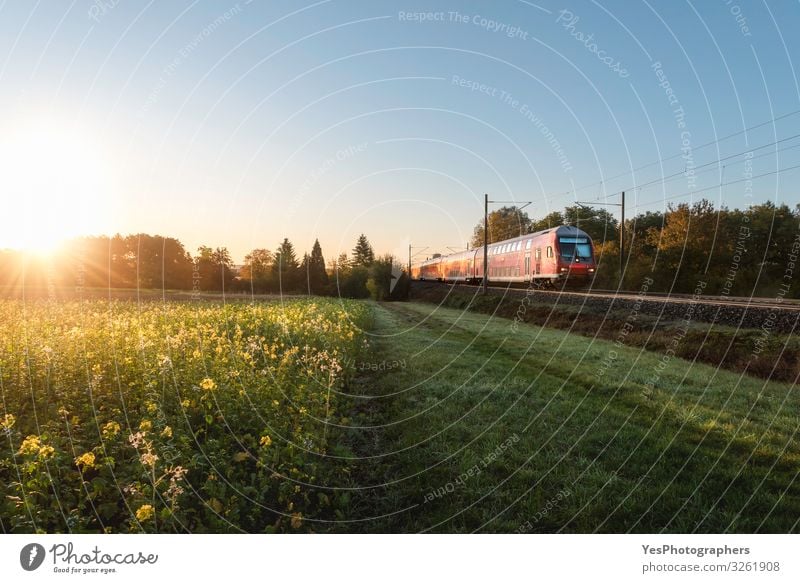 Red train and spring landscape at sunrise. Spring travel context Vacation & Travel Environment Nature Landscape Sunrise Sunset Transport Public transit Vehicle