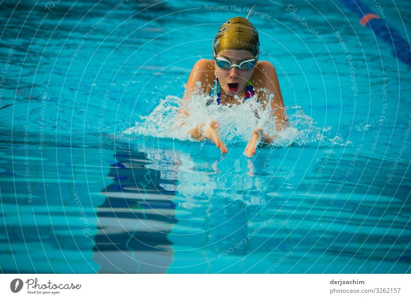 500 / I'm almost there. The girl swims with swimming goggles, with full trains through the water. Joy Swimming Summer Aquatics Swimming & Bathing Swimming pool