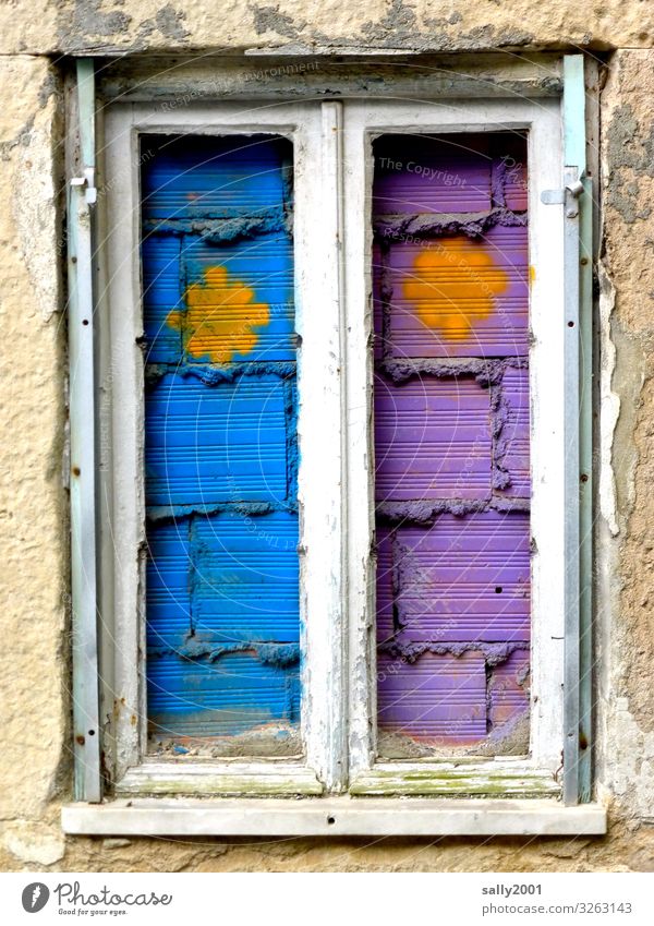 bricked up, but colorful... Window Wall (barrier) too Closed Barricaded Old purple Violet Blue symbol Building stone Window frame Gloomy Graffiti