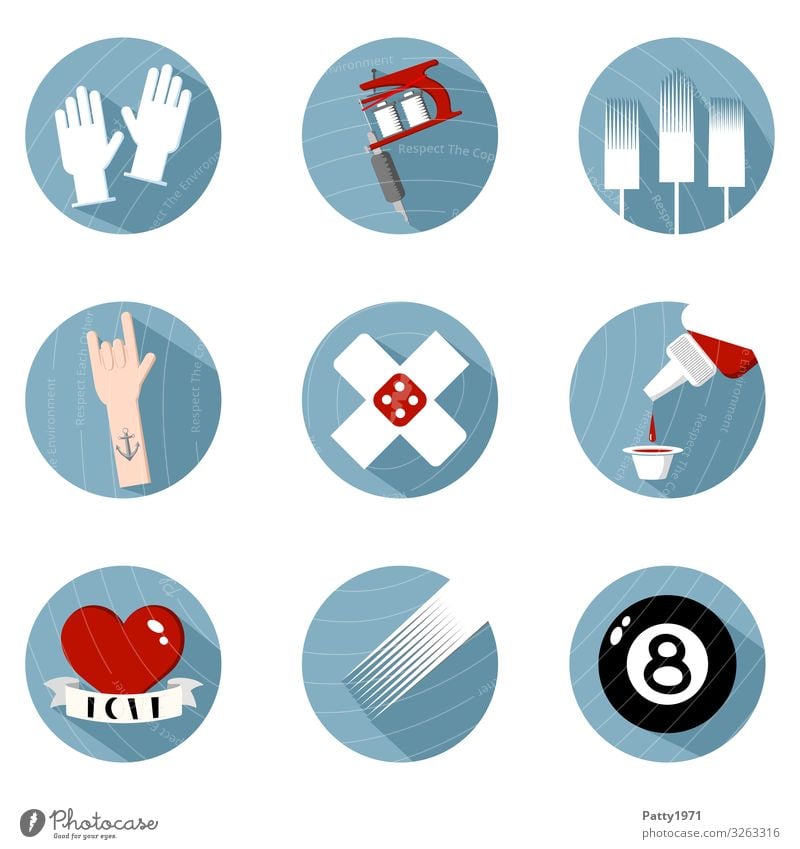 Tattoo Flat Design Icon Set Lifestyle Adhesive plaster Gloves tattoo machine Dye Anchor Heart Flag Billard bowle eight ball Round Clean Blue Red Black White