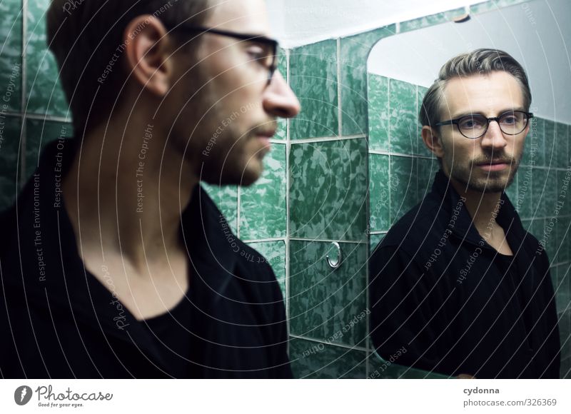 Mirror image in the green bathroom Lifestyle Elegant Beautiful Room Bathroom Human being Young man Youth (Young adults) 18 - 30 years Adults Sweater Eyeglasses