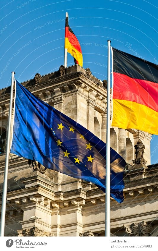 Flags in front of the Reichstag Architecture Berlin Germany German Flag Capital city Downtown Parliament Government Seat of government Government Palace Spree