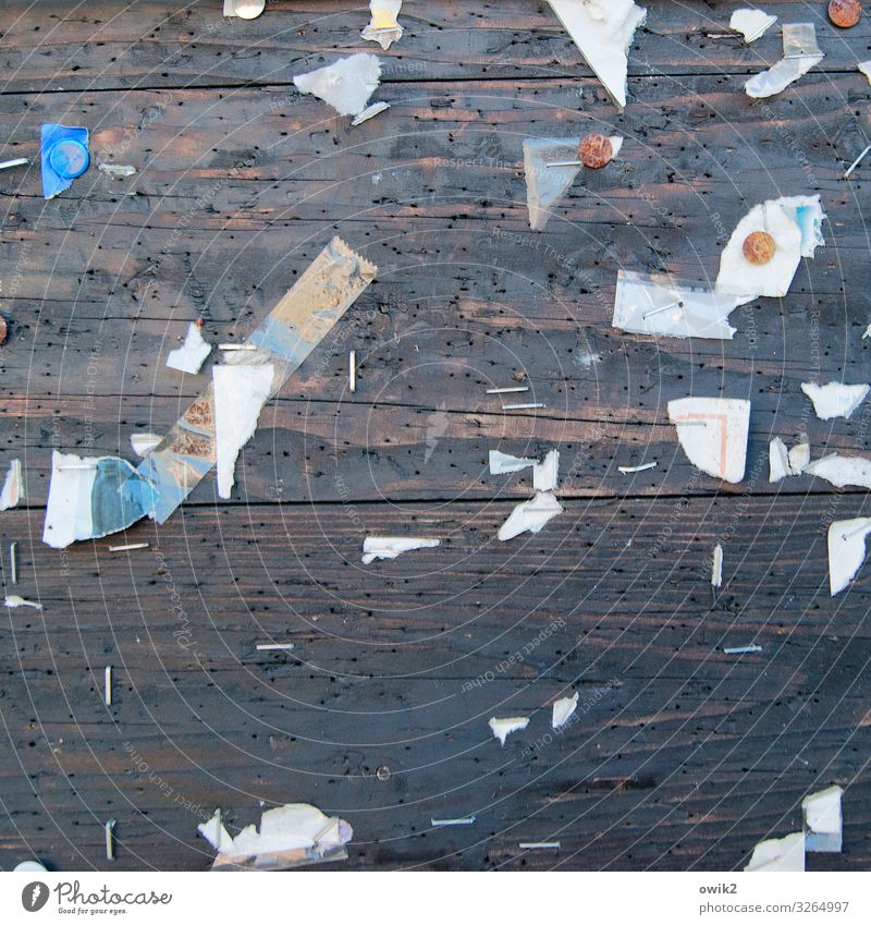 outtakes Paper Scrap Remainder Snippets Thumbtack Bulletin board Information Wood Metal Rust Old Trashy Gloomy Decline Past Destruction Staple Hollow Abrasion