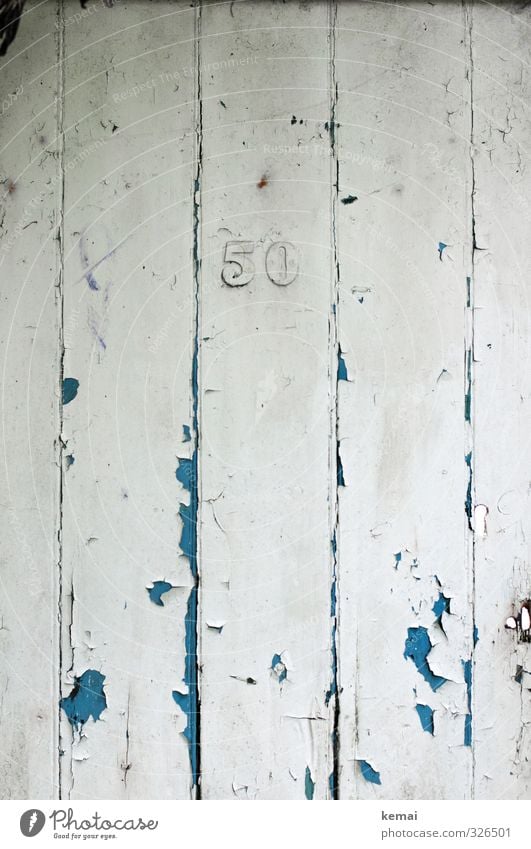 Fifty Door Wood Sign Digits and numbers Old Authentic Broken Blue White 50 House number Derelict Crack & Rip & Tear Jubilee Colour photo Subdued colour