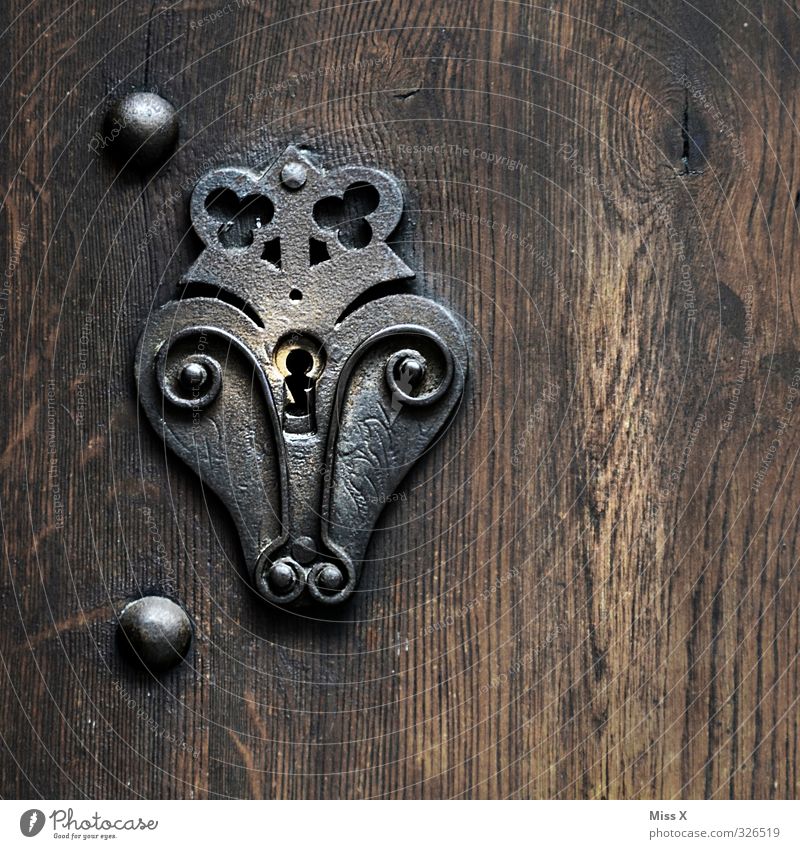 castle Door Wood Rust Old Open Closed Lock Keyhole Wrought iron Decoration Colour photo Subdued colour Close-up Structures and shapes Deserted Copy Space right