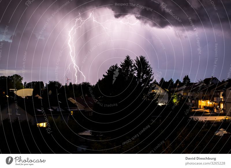 Potz Lightning Nature Landscape Sky Storm clouds Bad weather Gale Rain Thunder and lightning Forest Town House (Residential Structure) Detached house Threat