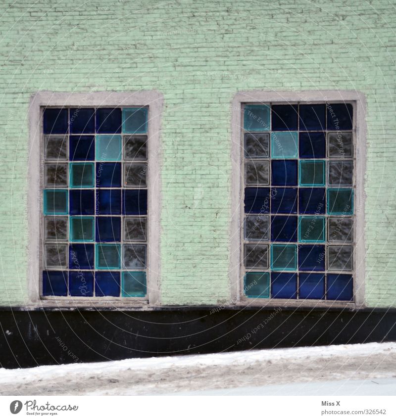 Window V Living or residing Flat (apartment) Blue Glass block Window pane Colour photo Exterior shot Pattern Deserted