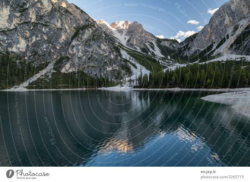 Pragser Wildsee in the Dolomites at present unreachable so sad Central perspective Deep depth of field Reflection Shadow Light Day Deserted Exterior shot