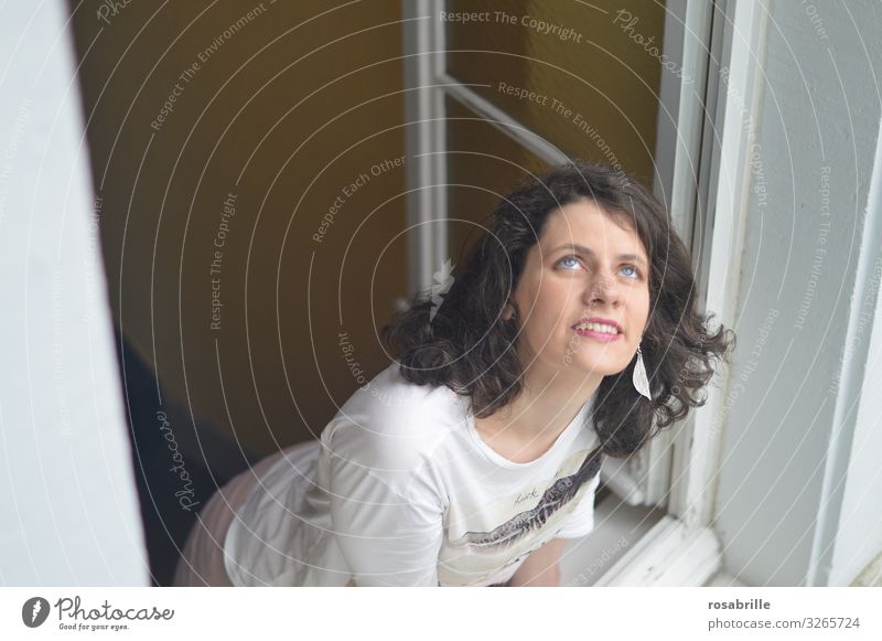 young brunette woman looks expectantly out of the window up into the sky | farsighted Joy Human being Young woman Youth (Young adults) Woman Adults 1