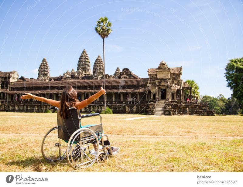 wheelchair trip Handicapped Wheelchair Vacation & Travel Travel photography Free Joy happy Angkor Wat Asia Cambodia Temple Monument Monumental Sightseeing Woman