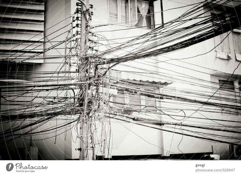 wired Cable Telecommunications Information Technology Internet Advancement Communicate Complex Network Black & white photo Exterior shot Deserted