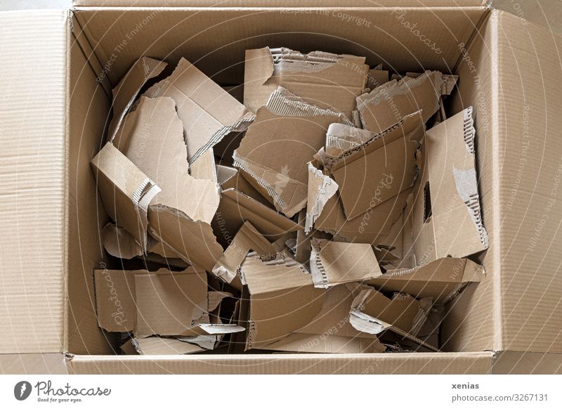 Opened carton with torn cardboard remnants Paper Cardboard Brown Environmental pollution Rip Packaging material recyclable Waste paper Crate Trash Colour photo