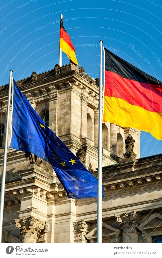 Reichstag with three flags Architecture Berlin City Germany German Flag Capital city Downtown Parliament Government Seat of government Government Palace Spree
