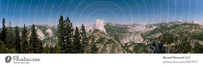 Half Dome panoramic view from Glacier Point Hiking Climbing Mountaineering Nature Landscape Earth Sky Summer Tree Bushes Park Forest Virgin forest Rock Peak