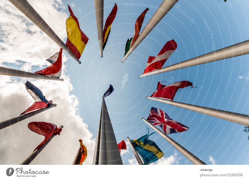 European Flags Worm's-eye view Politics and state Perspective Many Flagpole Freedom Pride Might Attachment Elections Global Ensign Alliance Sky Clouds Circle
