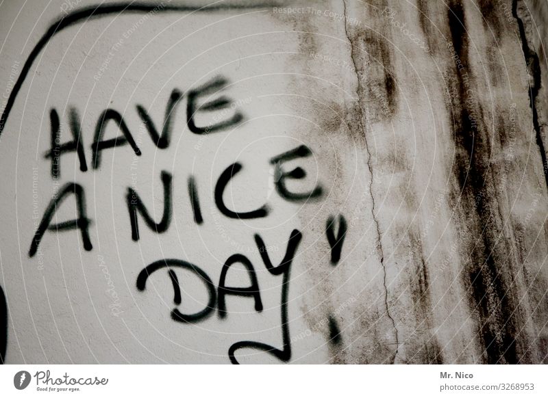Have a nice day ! Wall (barrier) Wall (building) Facade Sign Characters Graffiti Joy Happy Contentment Desire Moody Optimism Figure of speech Dirty English