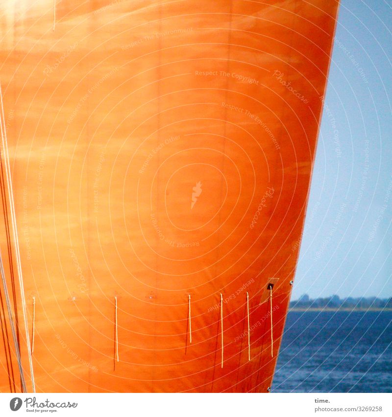 sailor's yarn Water Sky Beautiful weather Coast Baltic Sea Navigation Sailing ship On board Rope Dew canvas Cloth Exceptional Fresh Large Maritime Blue Orange