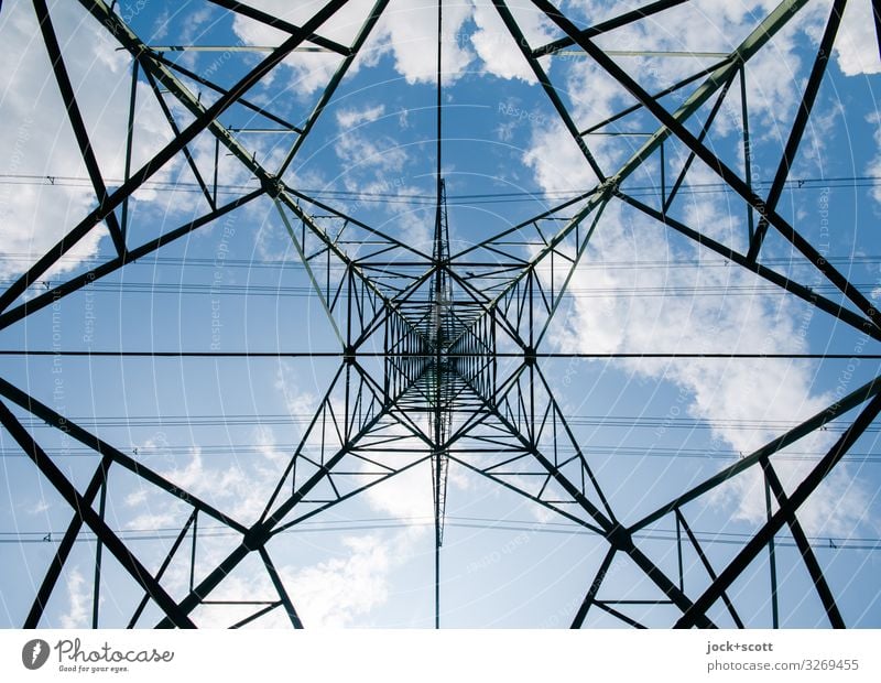 High voltage under power pole Energy industry Electricity pylon Sky Clouds Beautiful weather Sharp-edged Tall Long Many Competent Complex Center point
