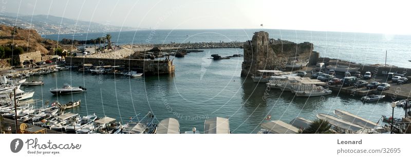 Byblos Port Watercraft Defensive Ocean Lebanon Panorama (View) Historic Harbour Castle Sun Car boat ship Large Panorama (Format)