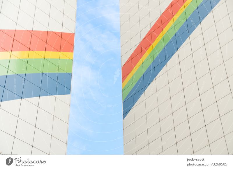 Rainbow colors facade Sky Facade Fire wall Decoration Cladding Stripe Positive Warmth Agreed Tolerant Creativity Quality Symmetry Column Equal Detail Abstract