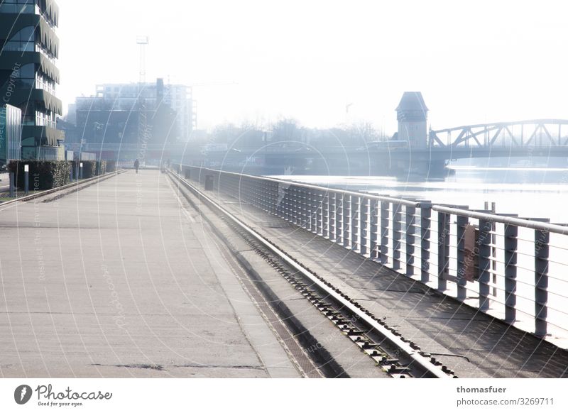 Road and railing on the banks of the Spree Human being 1 Fog River bank Berlin Town Capital city Skyline House (Residential Structure) High-rise Bridge