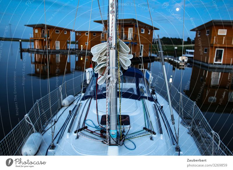 Peaceful evening Sailing Vacation & Travel Sailing trip Water Moon Baltic Sea Harbour Vacation home Sailboat Yacht harbour Lie Blue Red Safety (feeling of) Calm