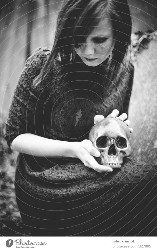 Come on, sweet death. Feminine Young woman Youth (Young adults) 1 Human being 18 - 30 years Adults Cemetery Death's head Crouch Dark Creepy Together Loyalty