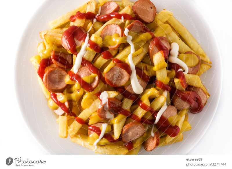 Typical Latin America Salchipapa. Sausages with fries salchipapa Potatoes French fries Ketchup Mustard olive mayo Food Food photograph Sauce Mix Peruvian Plate