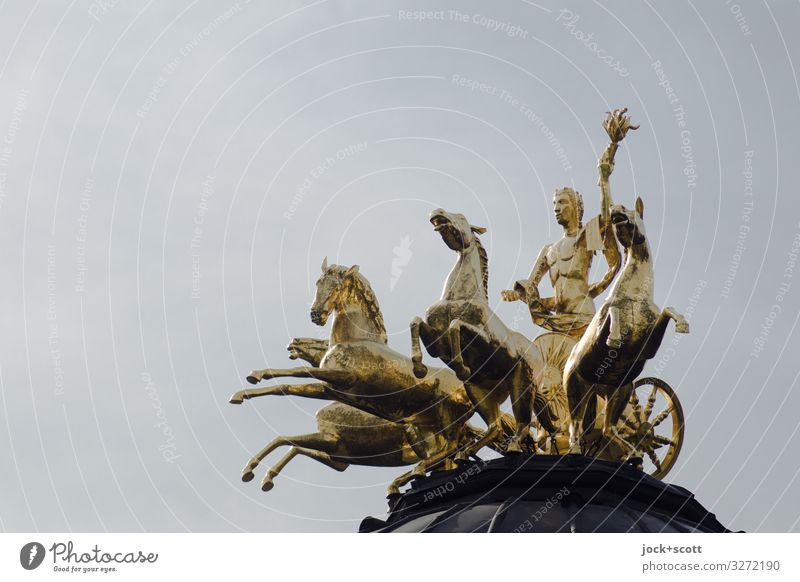 1900 golden past Sculpture Baroque Cloudless sky Bayreuth Figure Carriage and four Elegant Glittering Historic Gold Gray Success Might Esthetic Kitsch Luxury
