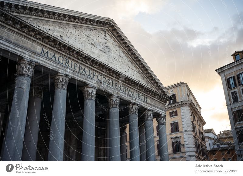 Facade of ancient temple during sunset exterior architecture street city pantheon rome italy landmark site place destination famous facade entrance roof column