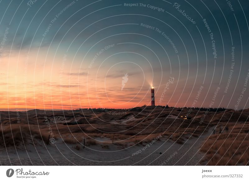 night watch Nature Landscape Sky Clouds Horizon Sunrise Sunset Summer Beautiful weather Beach Island Amrum Dune Lighthouse Illuminate Old Bright Blue Orange