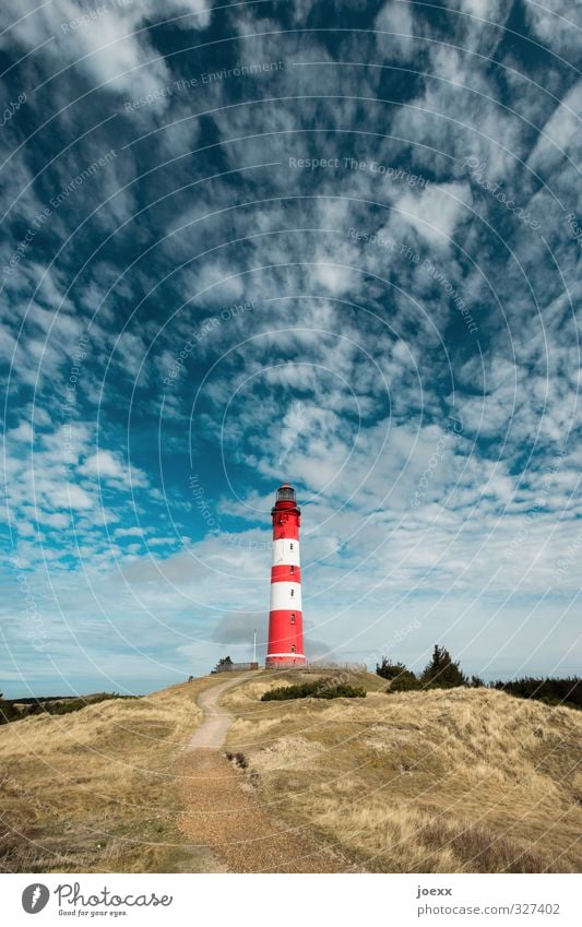rest Sky Clouds Summer Beautiful weather Grass Hill North Sea Island Lighthouse Lanes & trails Blue Brown Green Red White Colour Horizon Idyll Nostalgia