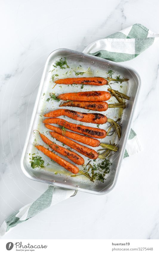 Delicious roasted carrots from above Food Vegetable Herbs and spices Lunch Dinner Vegetarian diet Diet Lifestyle Healthy Eating Fresh Natural Above Orange
