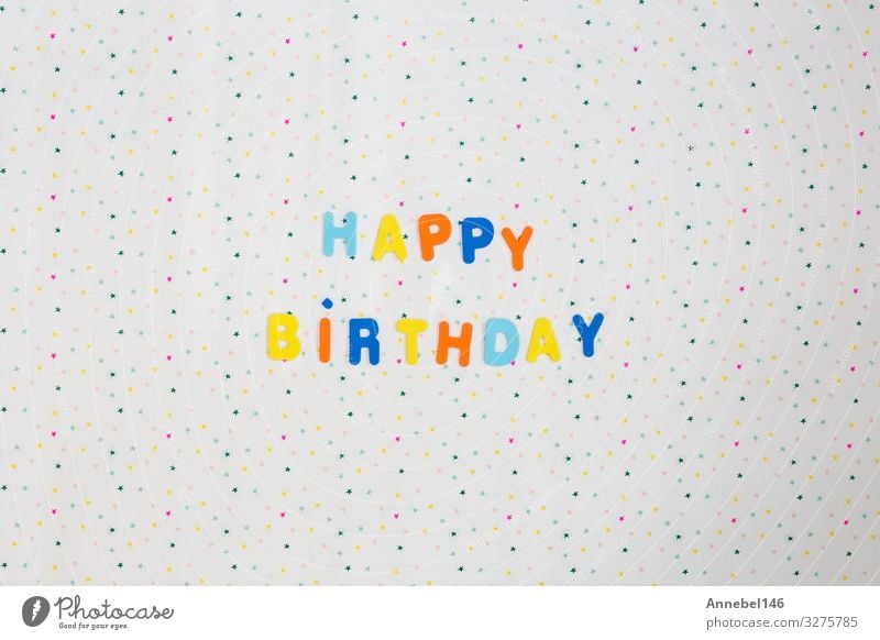 Colorful happy birthday wishes with stars on white background Design Joy Happy Decoration Feasts & Celebrations Birthday Art Paper Candle Balloon String Bright