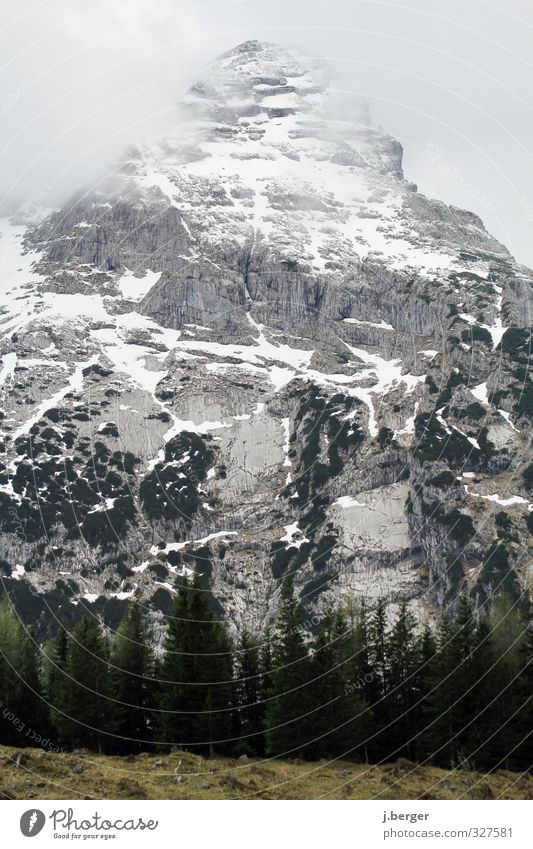 you go ahead... Nature Landscape Spring Bad weather Fog Rock Alps Mountain Snowcapped peak Threat Blue Green Colour photo Subdued colour Exterior shot