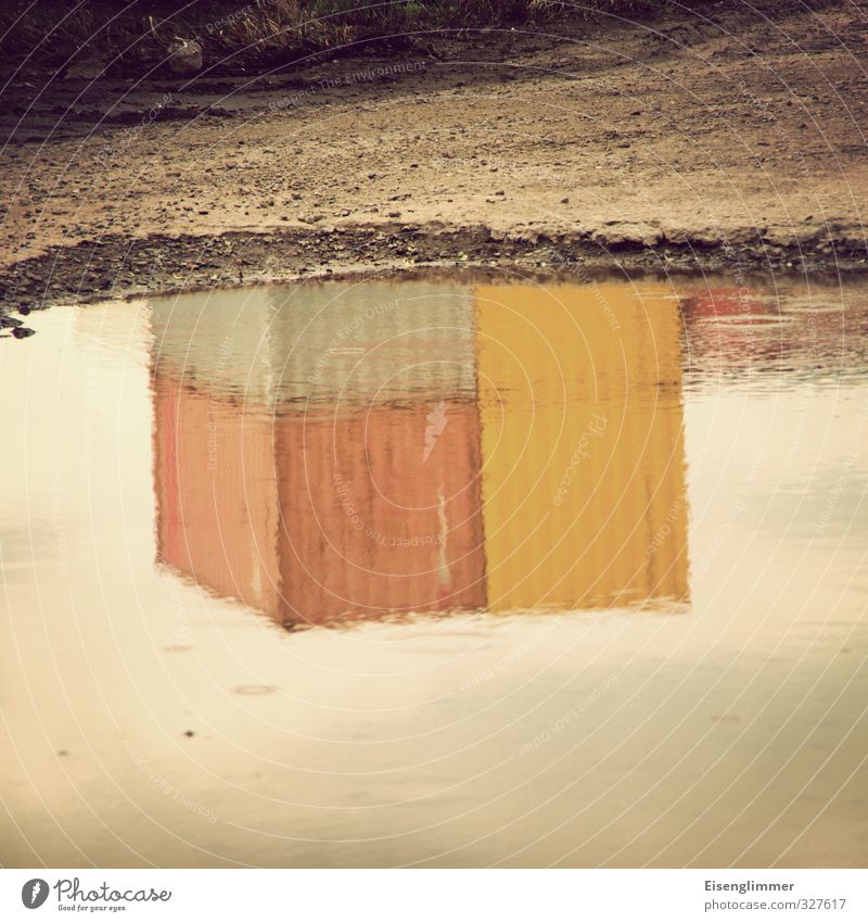 WILHELMSBURG/Container II Harbour Wet Puddle Logistics Mirror image Storage area Colour photo Subdued colour Exterior shot Abstract Deserted Copy Space top