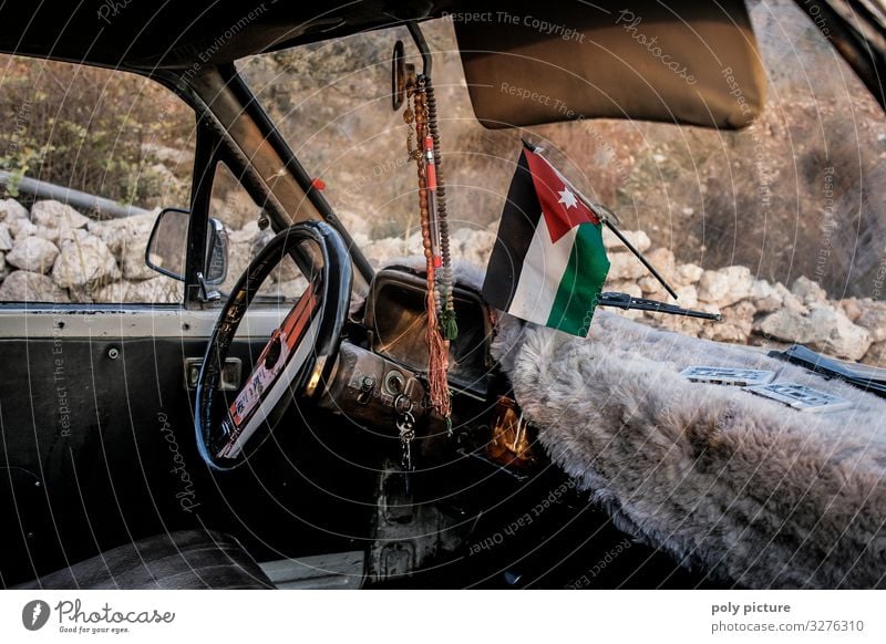 Interior old taxi in Jordan, with Jordanian flag on windshield Vacation & Travel Tourism Trip Adventure Far-off places Sightseeing City trip Summer