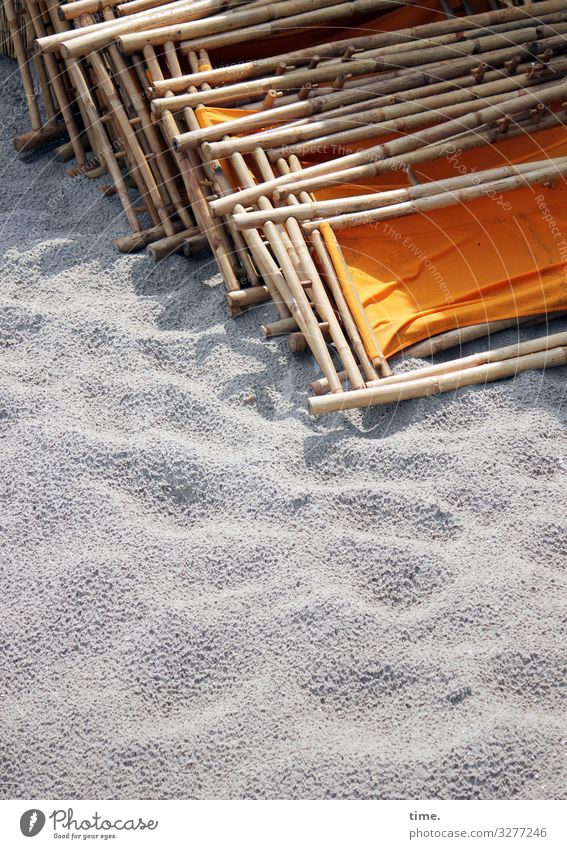 Seated area (VII) Vacation & Travel Sand Coast Beach Deckchair Seating wood Plastic Relaxation Lie Sit Together Maritime Orange Safety (feeling of) Serene