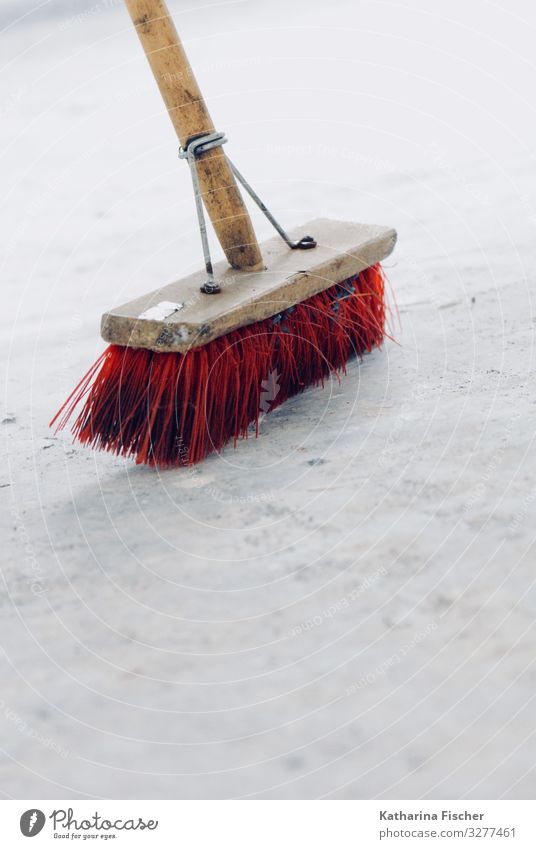 Large plaster / old broom Broom Brown Gray Red White Change Room Ground Broomstick Clean Sweep Tidy up Cleaning Old Bristles Wood Colour photo Interior shot
