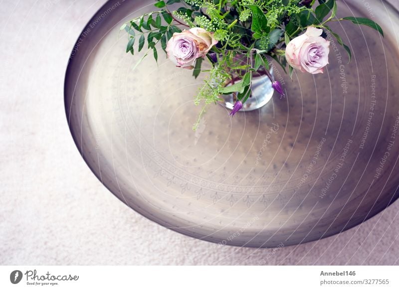 Silver tray with purple roses in vase on a table against luxury Bowl Luxury Design Body Medical treatment Life Spa Table Flower Blossom Fashion Wood Fresh