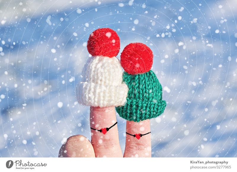 Funny couple fingers in knitted woolen hats Beautiful Face Winter Snow Valentine's Day New Year's Eve Wedding Family & Relations Friendship Couple Hand Fingers