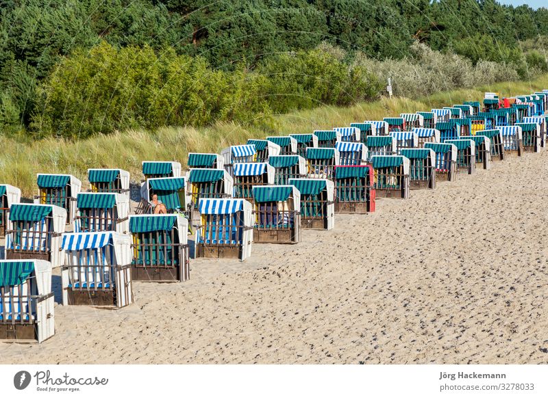 beach with beach chairs in a row in Zinnowitz, Usedom Vacation & Travel Tourism Beach Ocean Sand Baltic Sea Old Beach chair Dune empty Germany Characteristic