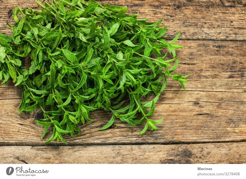 spearmint on a wooden table Herbs and spices Vegetarian diet Diet Nature Plant Leaf Fresh Natural Green White Mint background food healthy Organic Ingredients