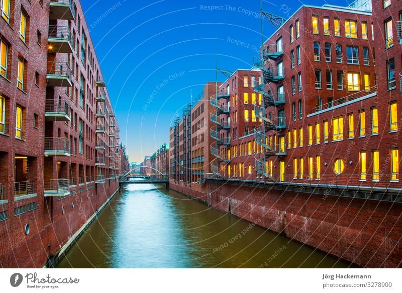 Speicherstadt at night in Hamburg Beautiful House (Residential Structure) Office Landscape Sky Town Bridge Building Architecture Old Historic Blue Advertising