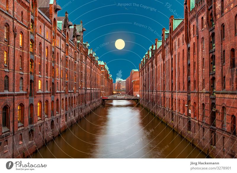 Speicherstadt at night in Hamburg Beautiful House (Residential Structure) Office Landscape Sky Moon Town Bridge Building Architecture Old Historic Canal