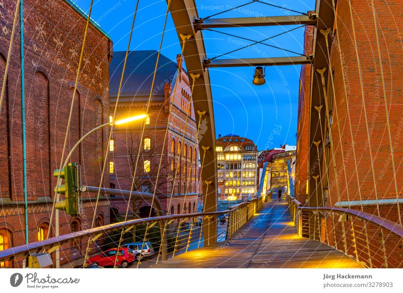 Speicherstadt at night in Hamburg Beautiful House (Residential Structure) Landscape Sky Moon Town Bridge Building Architecture Old Historic Blue Canal