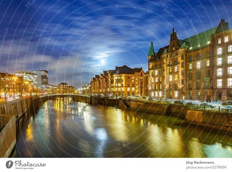 Speicherstadt at night in Hamburg Beautiful House (Residential Structure) Landscape Sky Moon Town Bridge Building Architecture Old Authentic Historic Blue Canal