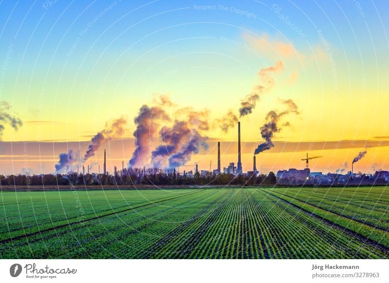 industry complex in Frankfurt in early morning with green fields Sun Winter Factory Industry Nature Landscape Plant Sky Weather Fog Chimney Bright Energy Colour