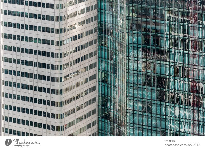 Frankfurt High-rise Perspective Facade Reflection Glas facade Modern Bank building Architecture Business built turquoise Black Gray Town futuristic