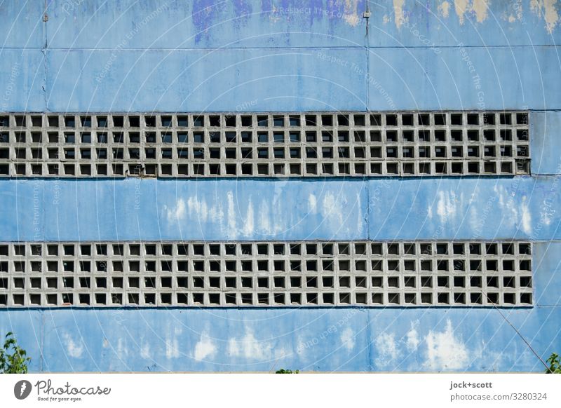 Aspect (blue) Facade Screening Concrete Line Square Sharp-edged Long Many Protection Secrecy Style Symmetry Transience Ravages of time Light blue Weathered